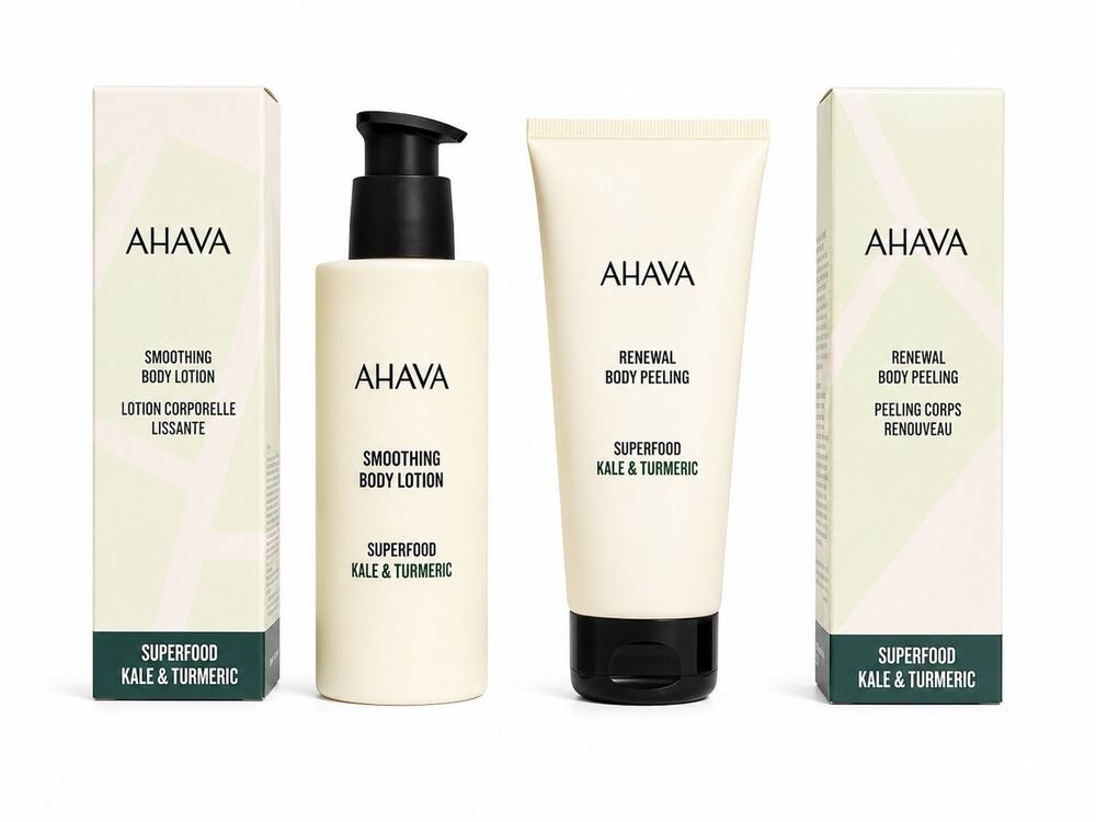 AHAVA Body Lotion8.5 Fl.oz & Body Peeling 6.8 Fl.oz Kale Turmeric New